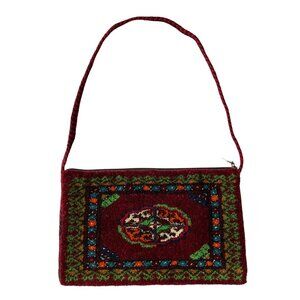 NEW Turkmen Woven Wool Carpet Clutch Purse, Maroon w/ Multicolor Design